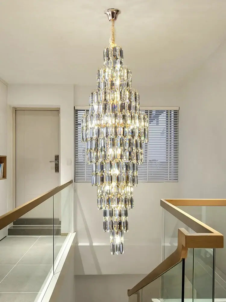 Crystal spiral tiered loft pendant light for staircase and living room