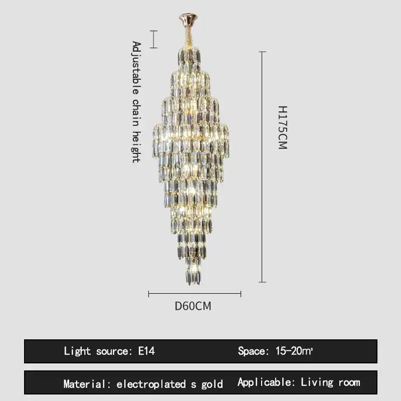 Crystal spiral tiered loft pendant light for staircase and living room