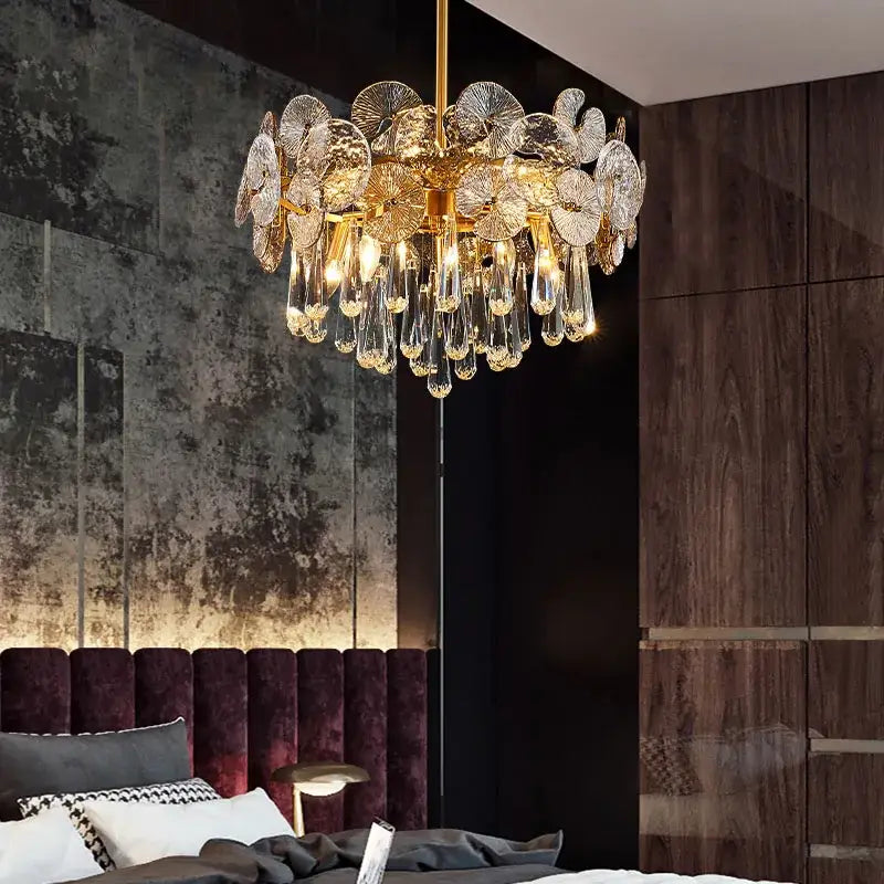 Nordic golden crystal lotus chandelier for dining room luxury glass