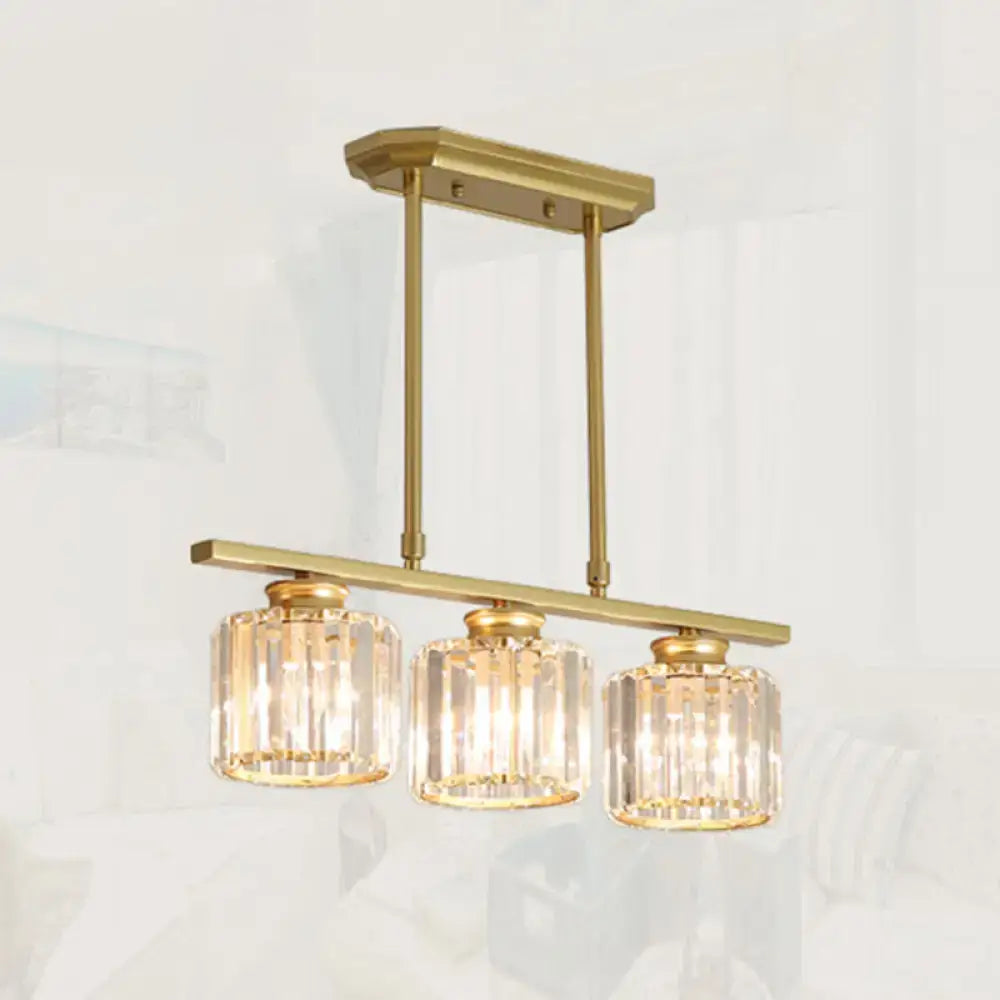 Simple black metal chandelier with three crystal shades dining room