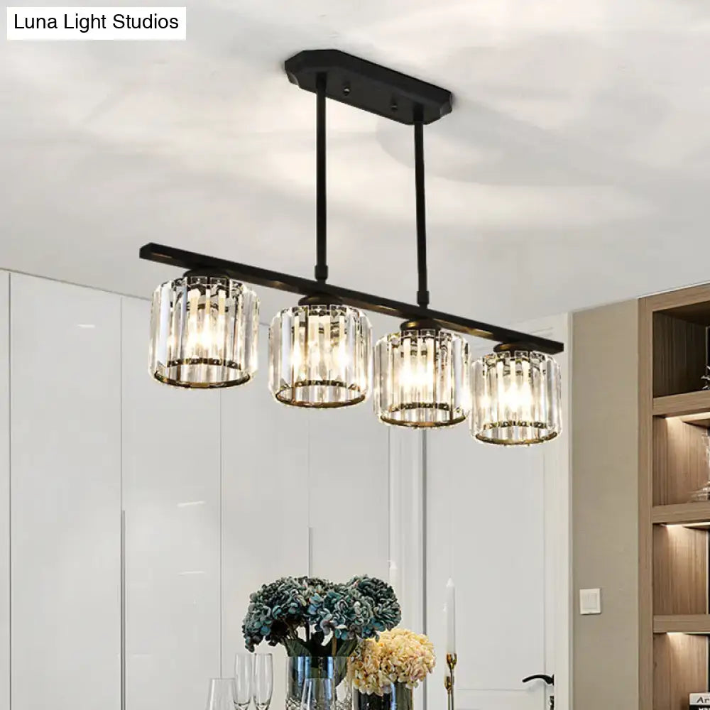 Simple black metal chandelier with three crystal shades dining room