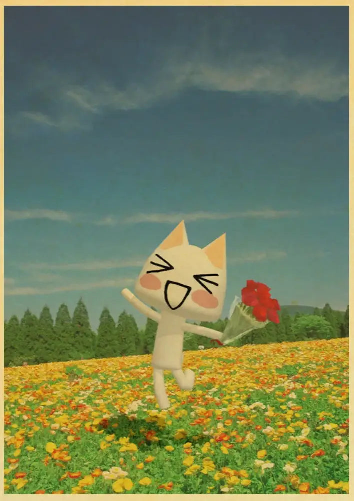 Cute 3d cat poster whimsical white cartoon art for bedroom decor