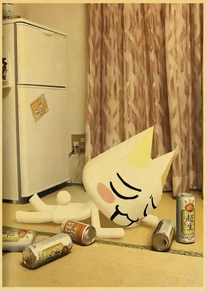 Cute 3d cat poster whimsical white cartoon art for bedroom decor
