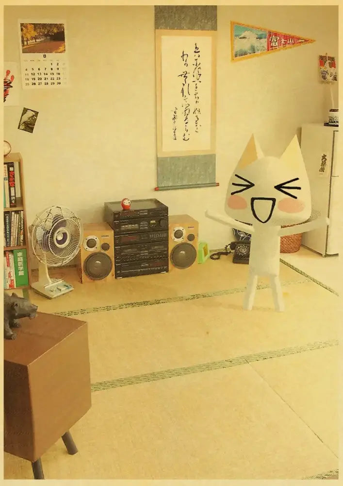 Cute 3d cat poster whimsical white cartoon art for bedroom decor