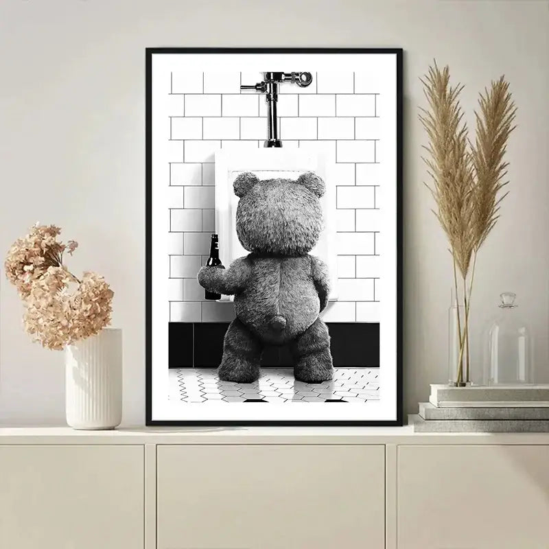 Cute bear bathroom canvas print black and white framed art