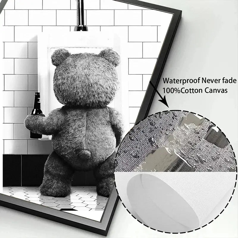 Cute bear bathroom canvas print black and white framed art