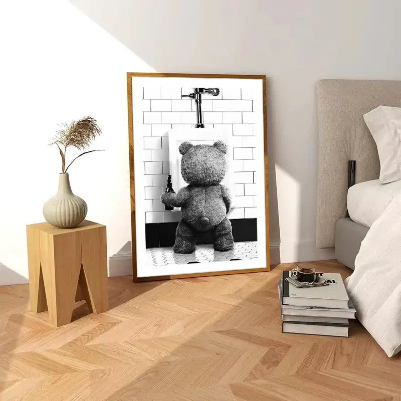 Cute bear bathroom canvas print black and white framed art