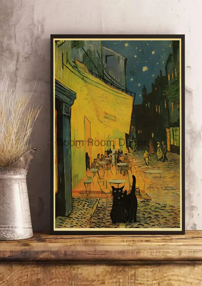 Vintage van gogh style black cute digital cats kraft paper bedroom art