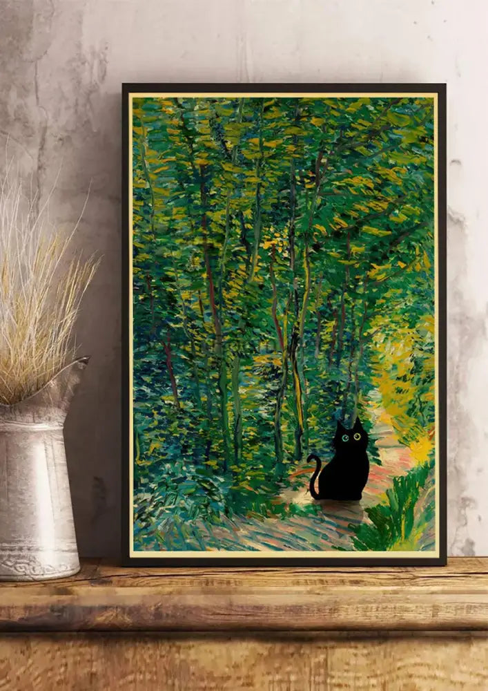 Vintage van gogh style black cute digital cats kraft paper bedroom art