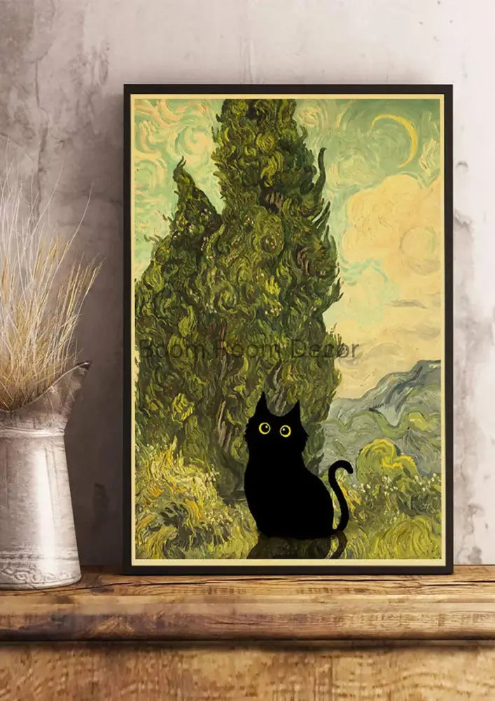 Vintage van gogh style black cute digital cats kraft paper bedroom art