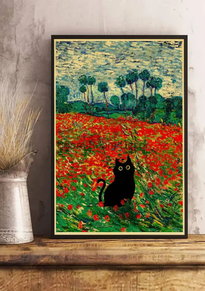 Vintage van gogh style black cute digital cats kraft paper bedroom art