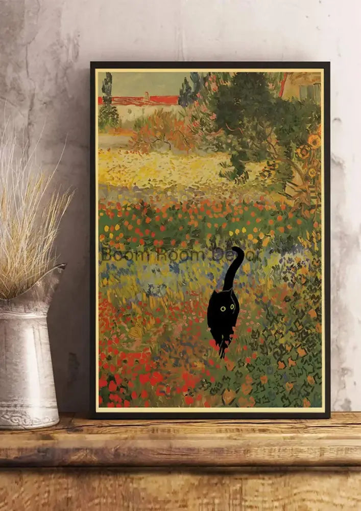 Vintage van gogh style black cute digital cats kraft paper bedroom art