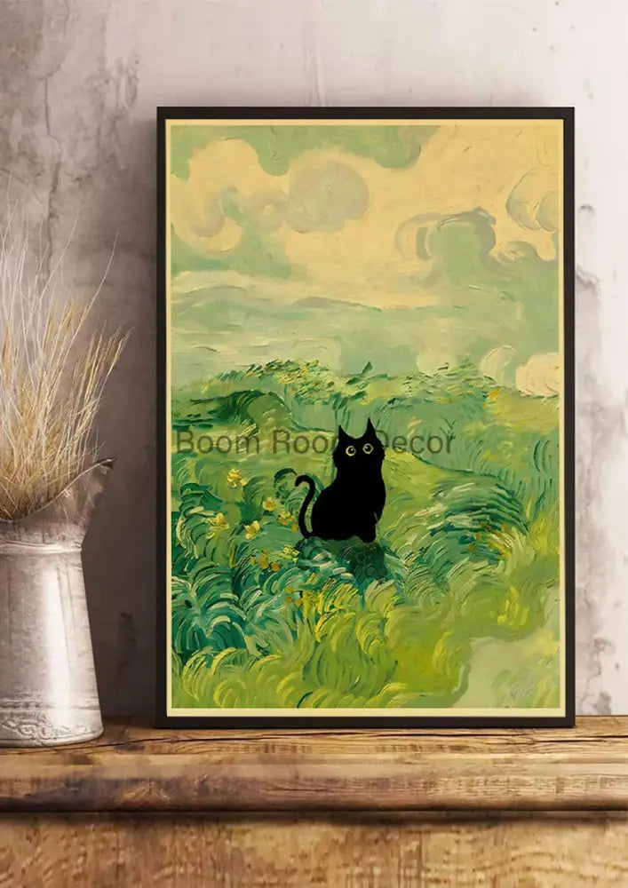 Vintage van gogh style black cute digital cats kraft paper bedroom art