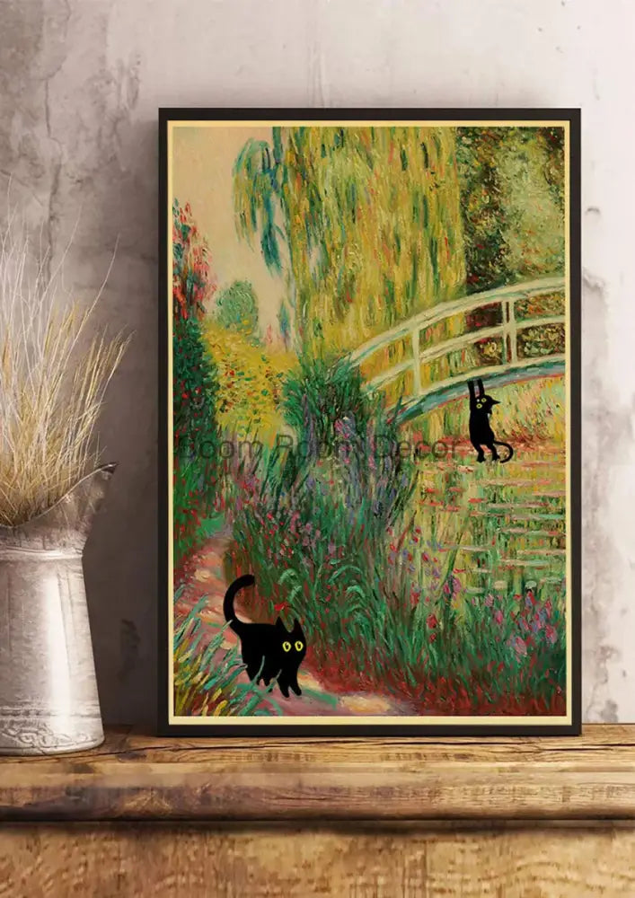 Vintage van gogh style black cute digital cats kraft paper bedroom art