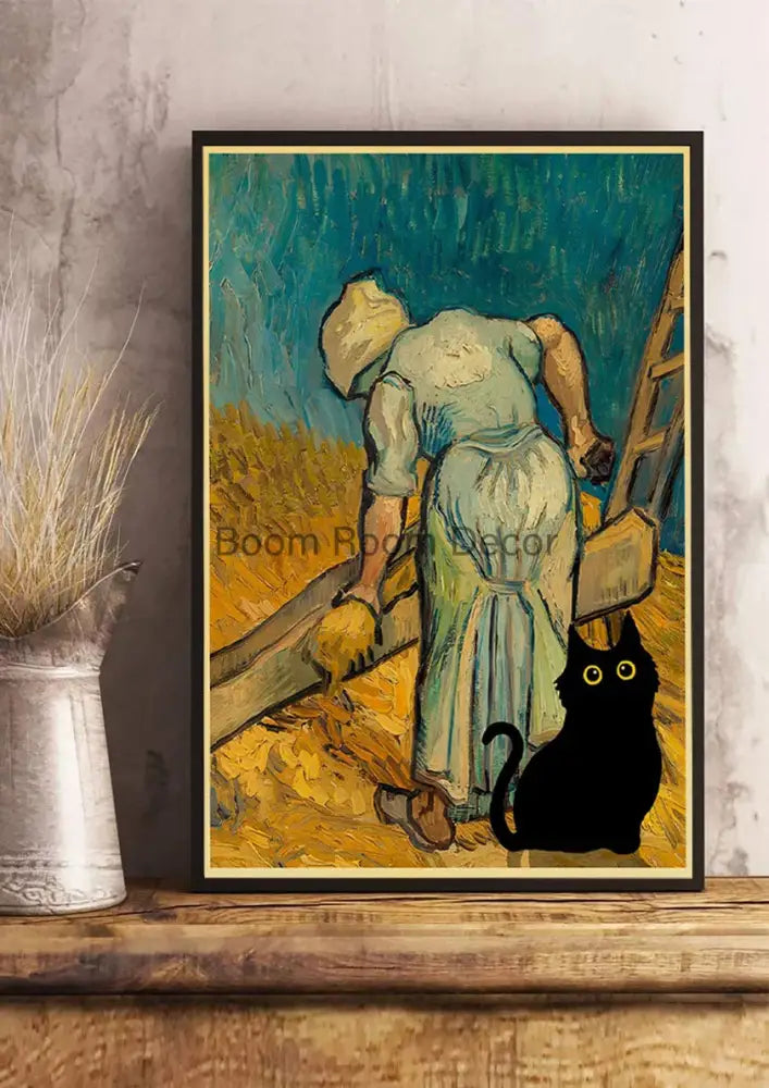 Vintage van gogh style black cute digital cats kraft paper bedroom art