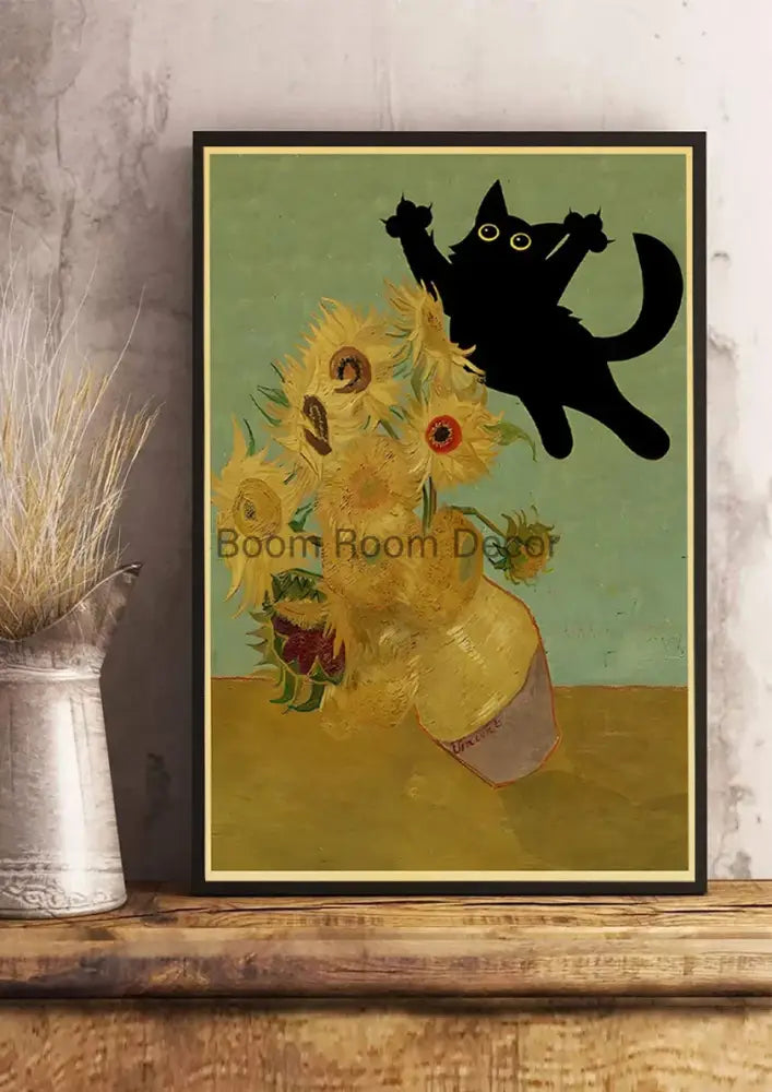 Vintage van gogh style black cute digital cats kraft paper bedroom art