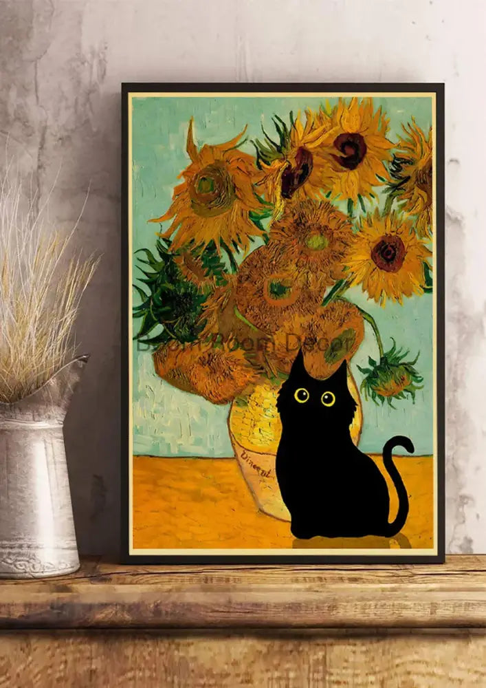 Vintage van gogh style black cute digital cats kraft paper bedroom art