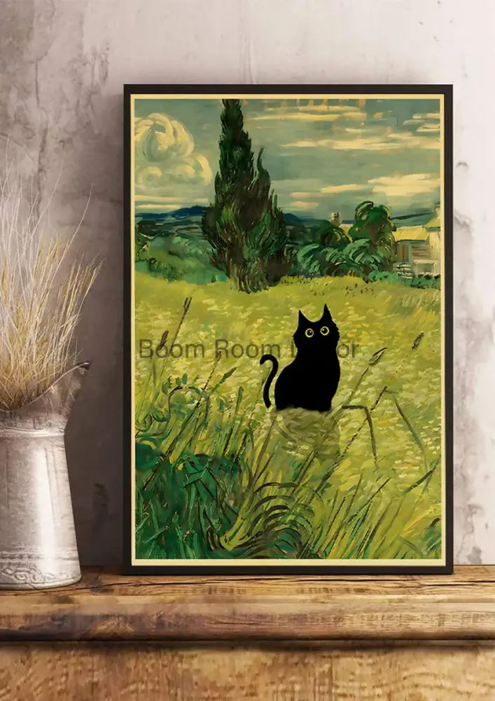 Vintage van gogh style black cute digital cats kraft paper bedroom art