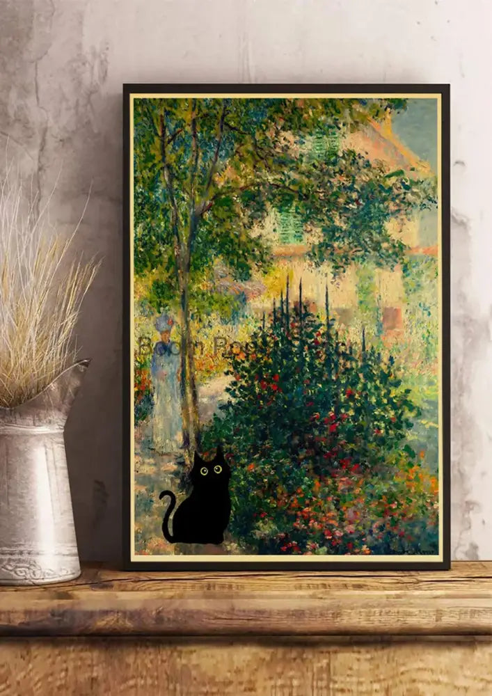 Vintage van gogh style black cute digital cats kraft paper bedroom art