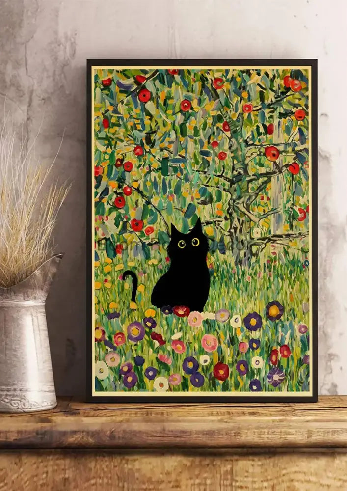 Vintage van gogh style black cute digital cats kraft paper bedroom art