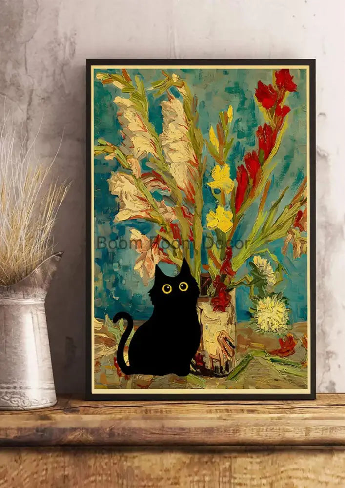 Vintage van gogh style black cute digital cats kraft paper bedroom art