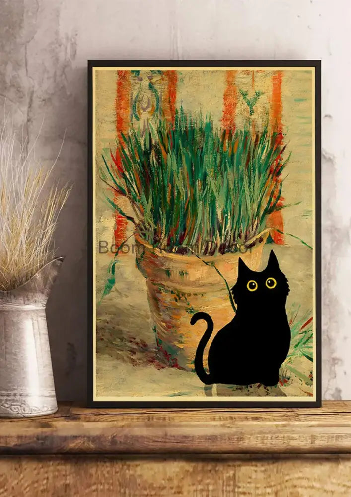Vintage van gogh style black cute digital cats kraft paper bedroom art
