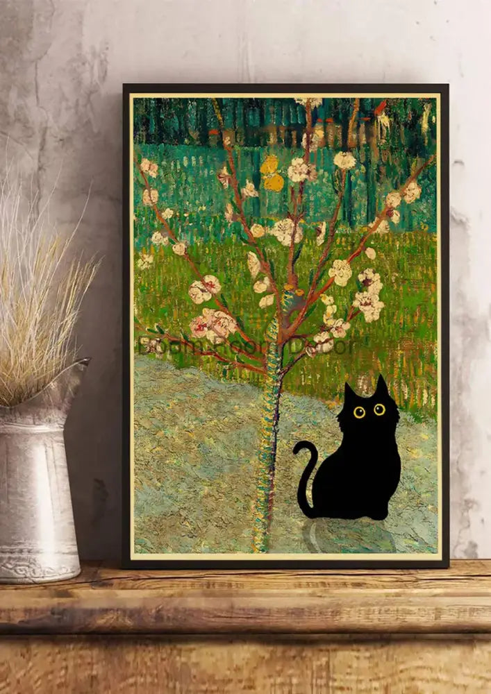 Vintage van gogh style black cute digital cats kraft paper bedroom art