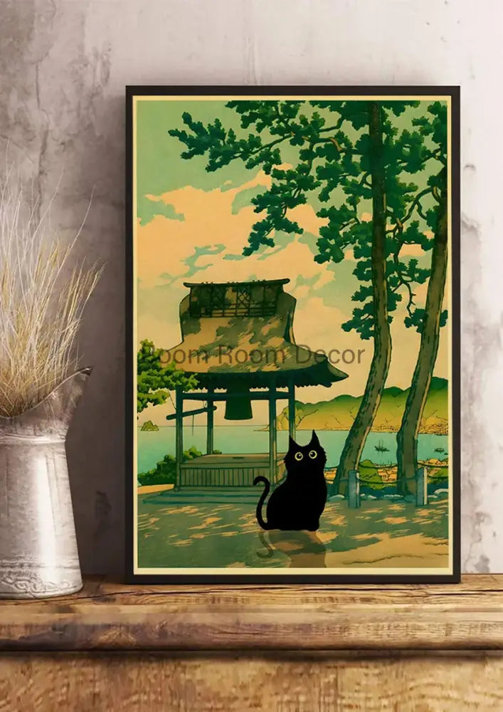 Vintage van gogh style black cute digital cats kraft paper bedroom art