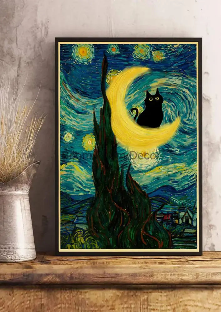 Vintage van gogh style black cute digital cats kraft paper bedroom art