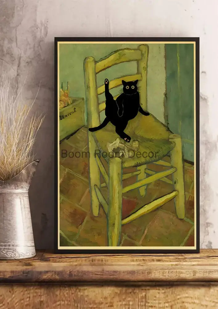 Vintage van gogh style black cute digital cats kraft paper bedroom art