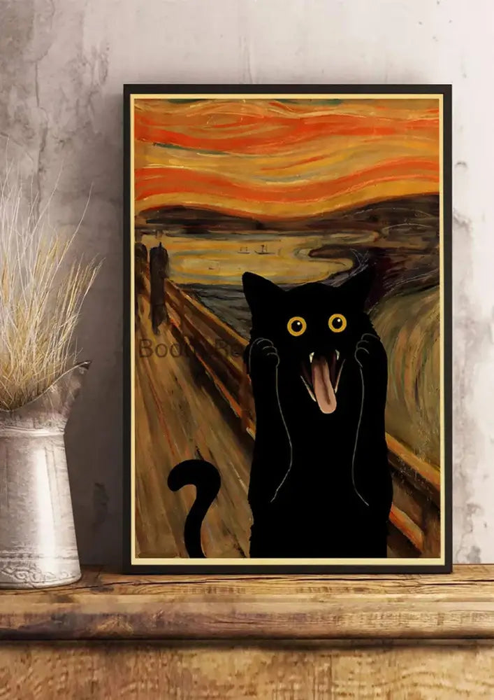 Vintage van gogh style black cute digital cats kraft paper bedroom art