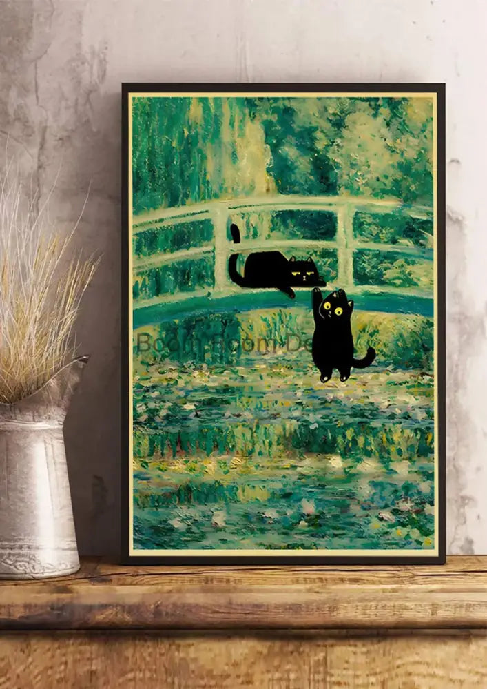 Vintage van gogh style black cute digital cats kraft paper bedroom art