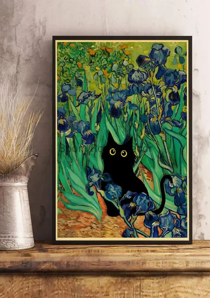 Vintage van gogh style black cute digital cats kraft paper bedroom art