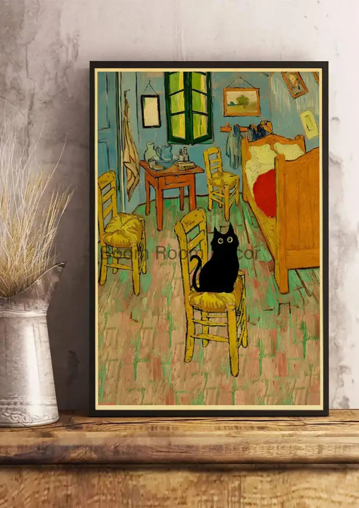 Vintage van gogh style black cute digital cats kraft paper bedroom art