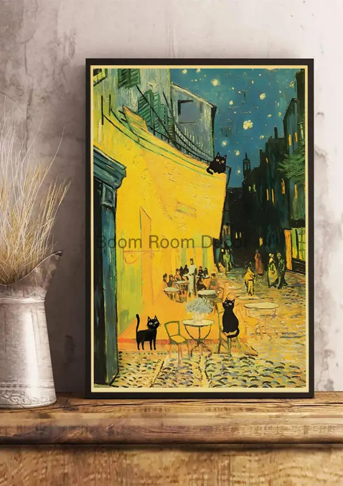 Vintage van gogh style black cute digital cats kraft paper bedroom art