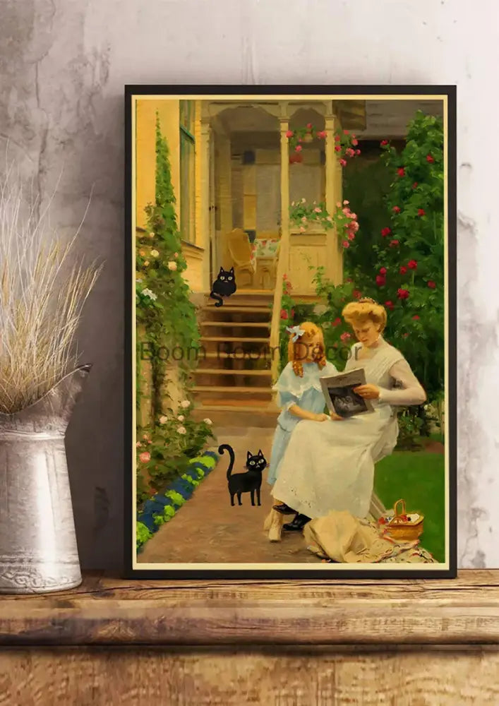 Vintage van gogh style black cute digital cats kraft paper bedroom art