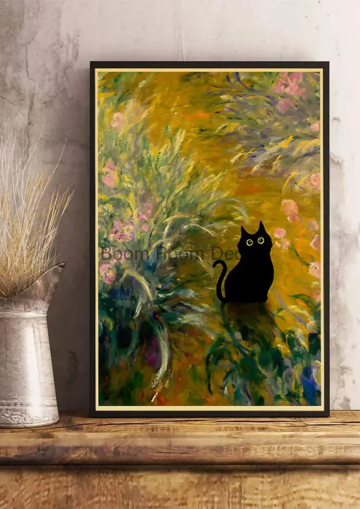 Vintage van gogh style black cute digital cats kraft paper bedroom art