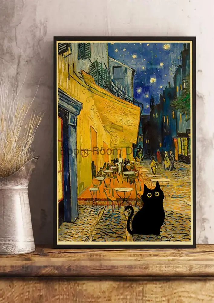 Vintage van gogh style black cute digital cats kraft paper bedroom art