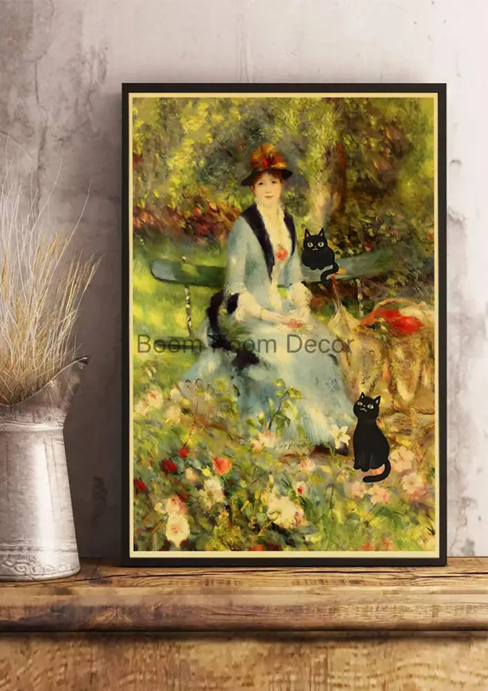 Vintage van gogh style black cute digital cats kraft paper bedroom art