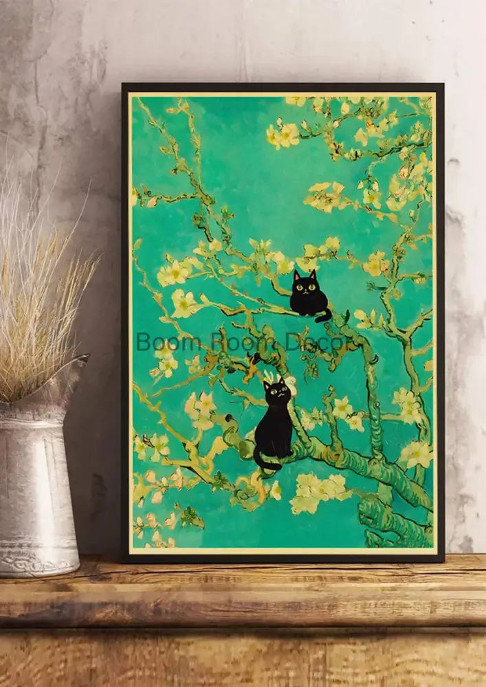 Vintage van gogh style black cute digital cats kraft paper bedroom art