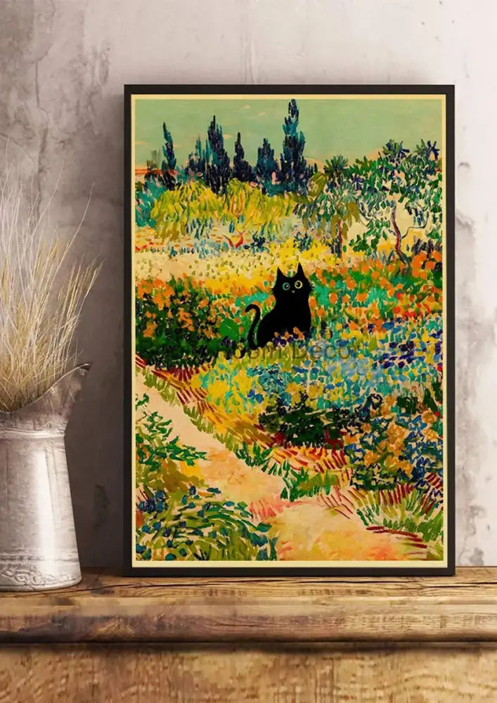 Vintage van gogh style black cute digital cats kraft paper bedroom art
