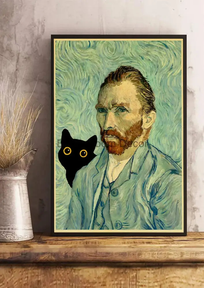 Vintage van gogh style black cute digital cats kraft paper bedroom art
