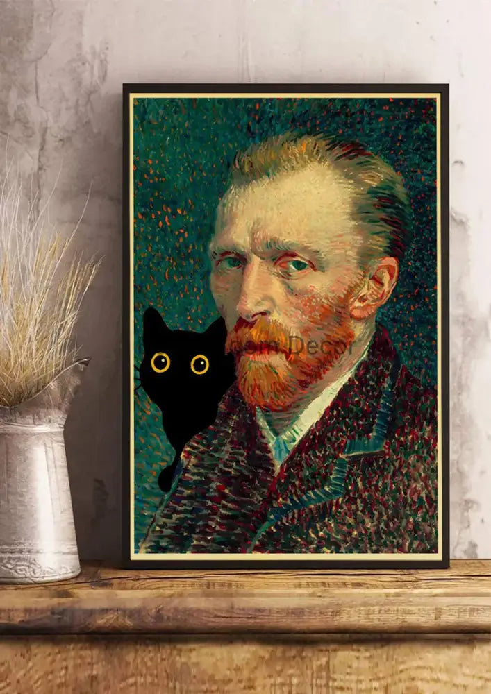 Vintage van gogh style black cute digital cats kraft paper bedroom art