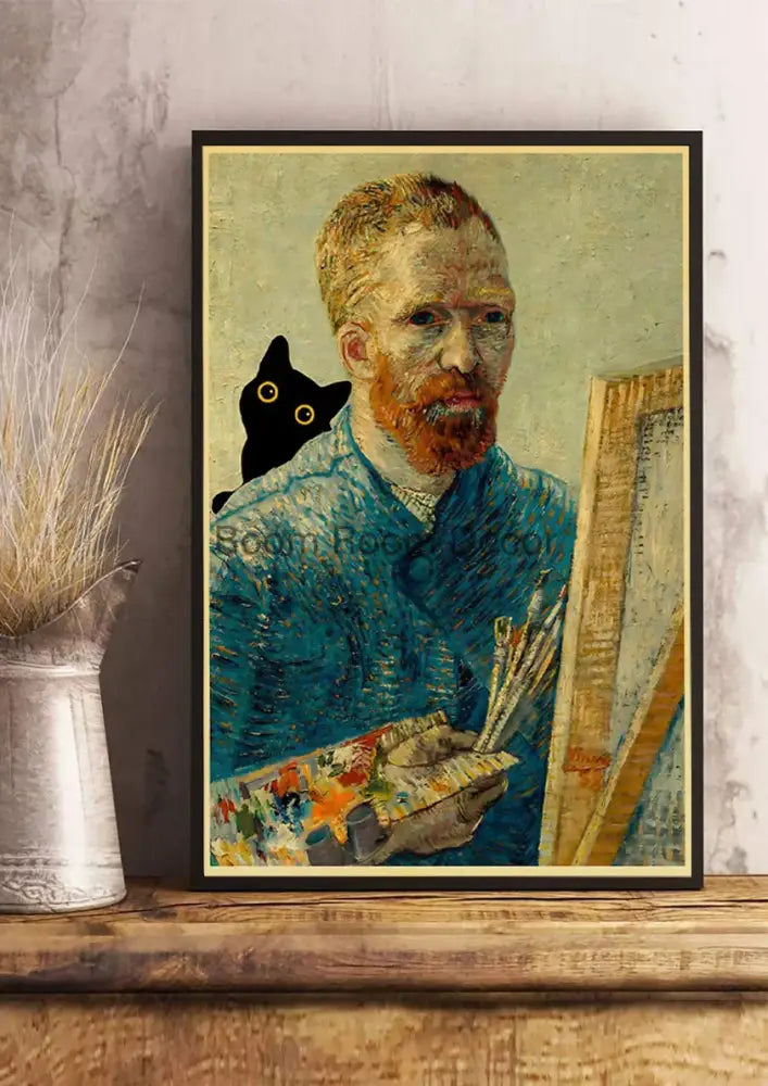 Vintage van gogh style black cute digital cats kraft paper bedroom art