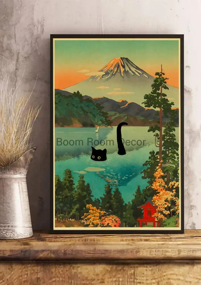 Vintage van gogh style black cute digital cats kraft paper bedroom art