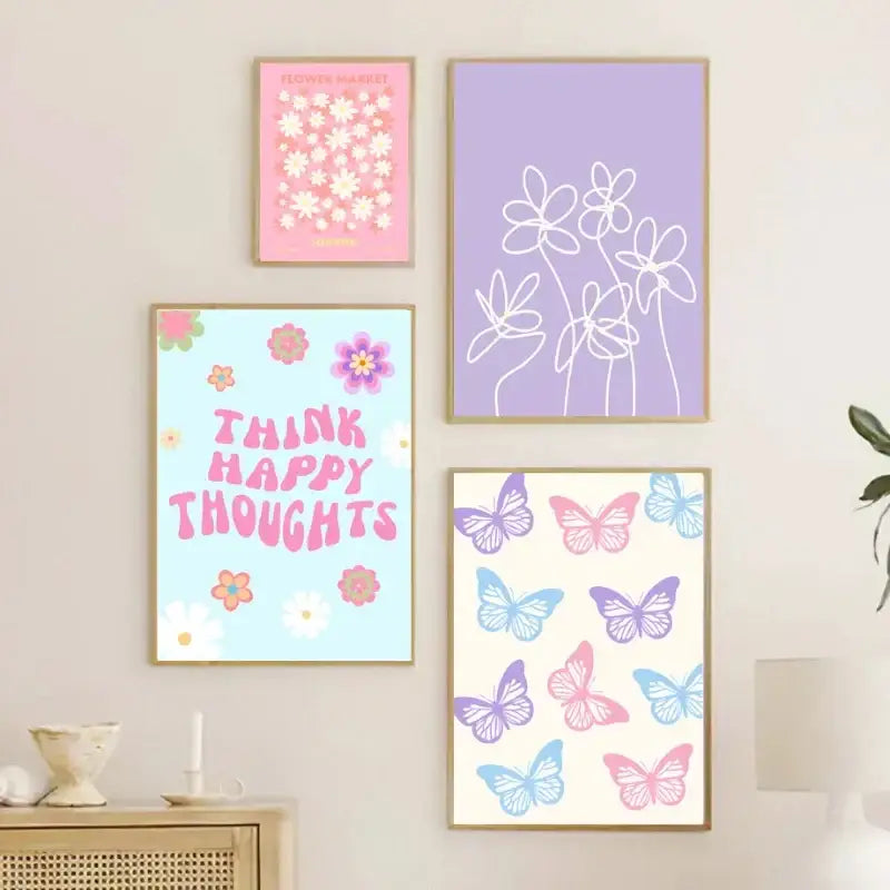 Danish pastel pink & yellow peace sign flower canvas bedroom wall art