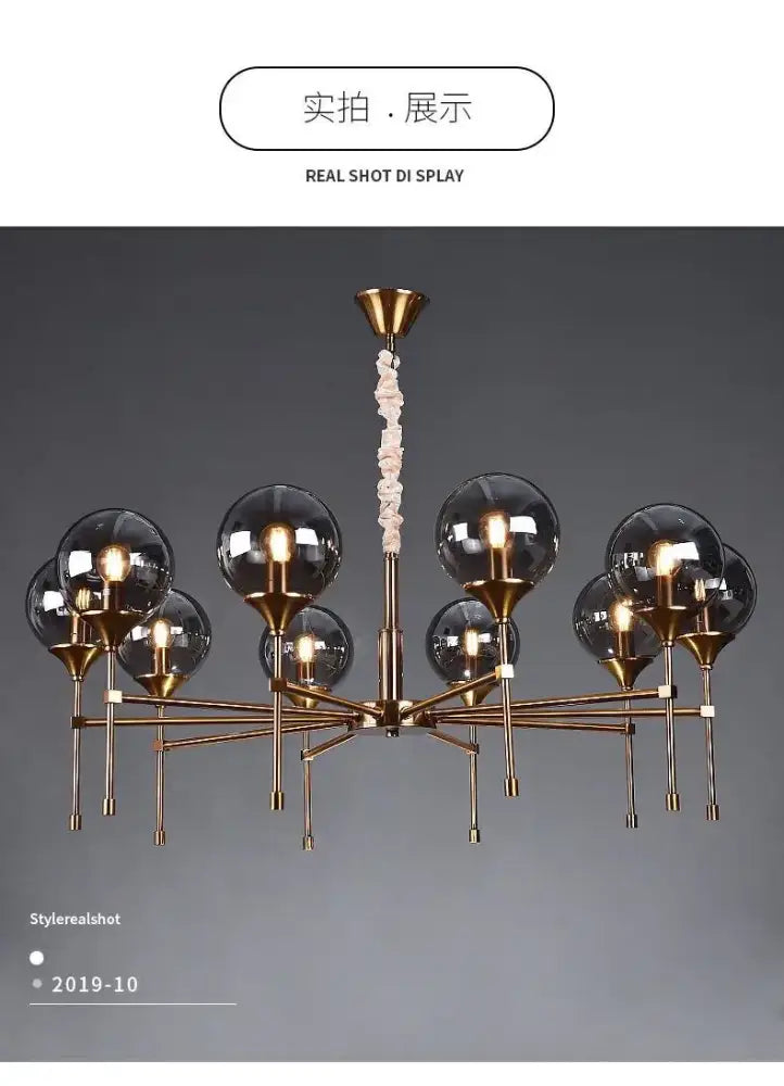 Modern brass designer metal chandelier living room smoked glass globes