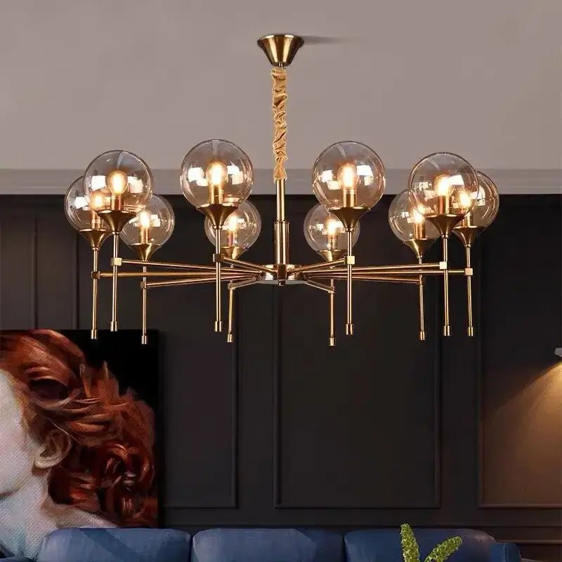 Modern brass designer metal chandelier living room smoked glass globes