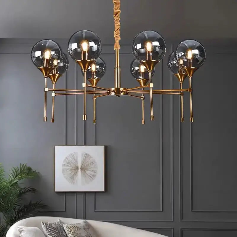 Modern brass designer metal chandelier living room smoked glass globes