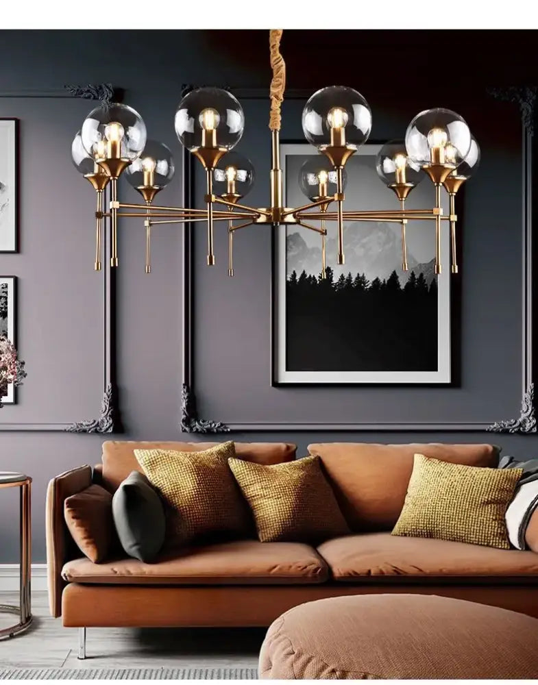 Modern brass designer metal chandelier living room smoked glass globes